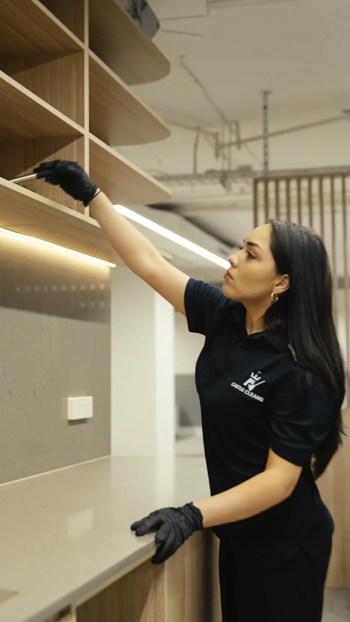 A Castle Cleans cleaner dusting a shelf in a Sydney office
