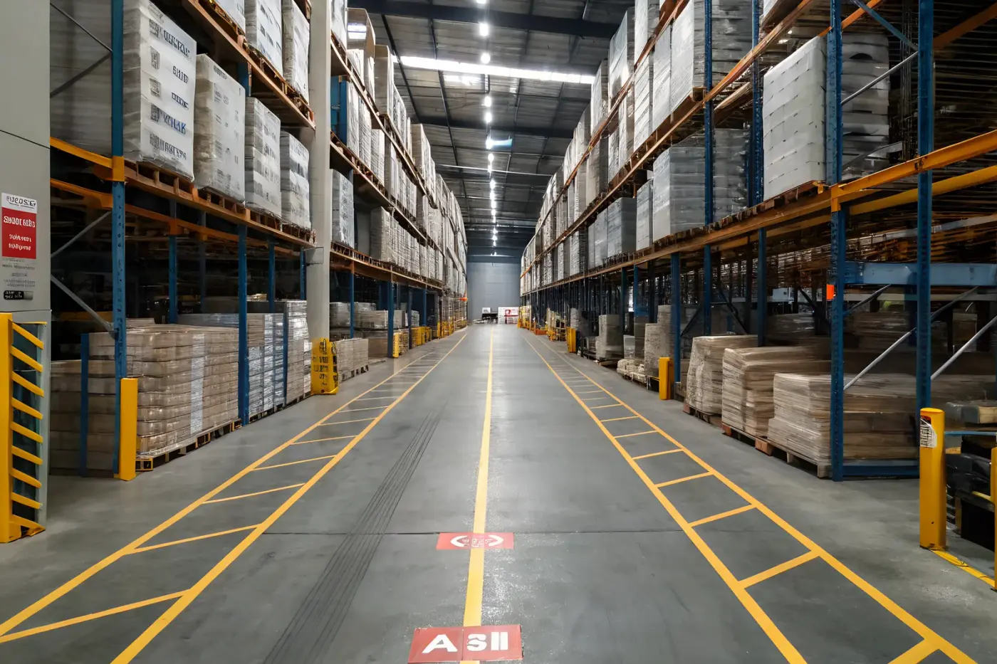 A warehouse floor with racking and marked walkways, cleaned